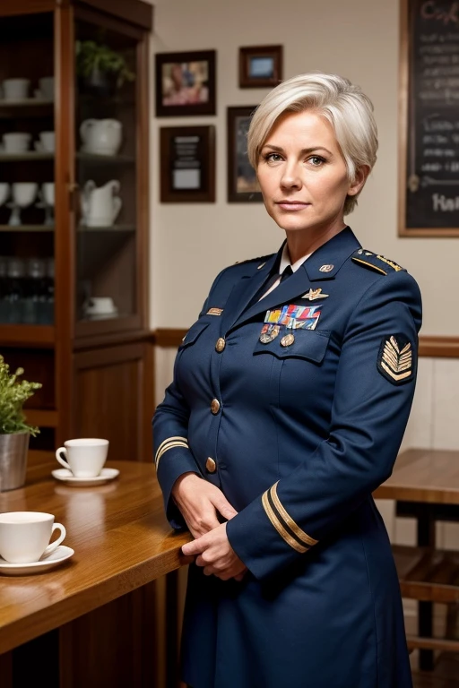Generate an image of a 50-year-old woman, ex-military and now owner of a small cafe. She has fair skin, tall height (1.75m), robust body and short white hair, with blue eyes. Her personality is strong, independent and loyal, being a maternal and protective figure of the group. She wears a dark blue uniform. She accessorizes like a chain with a meaningful medal, a utility belt, and a chunky keychain. Her motivations include a strong sense of duty and the need to protect those around her, seeing the mission as a way to apply her skills in a new context and find purpose in protecting something bigger than herself. She is essentially the protective and strategic force of the group, building strong bonds of trust and respect. wearing a utilitarian outfit or military uniform, reflecting his discipline and skills as a former military man, while also conveying the warm hospitality of a café owner.