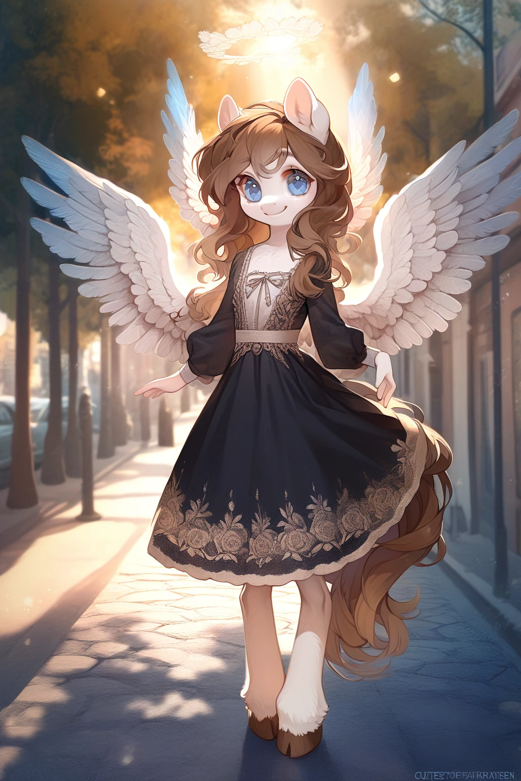 1 girl, CuteStyle, upper body, angel wings, furry, pony furry, blue eyes, hooves instead of hands, white fur, brown mane, long mane, Dressed in a black dress, looks at the viewer, smile, on the street, trees, rays of the sun, detailed, beautiful, delicate tones