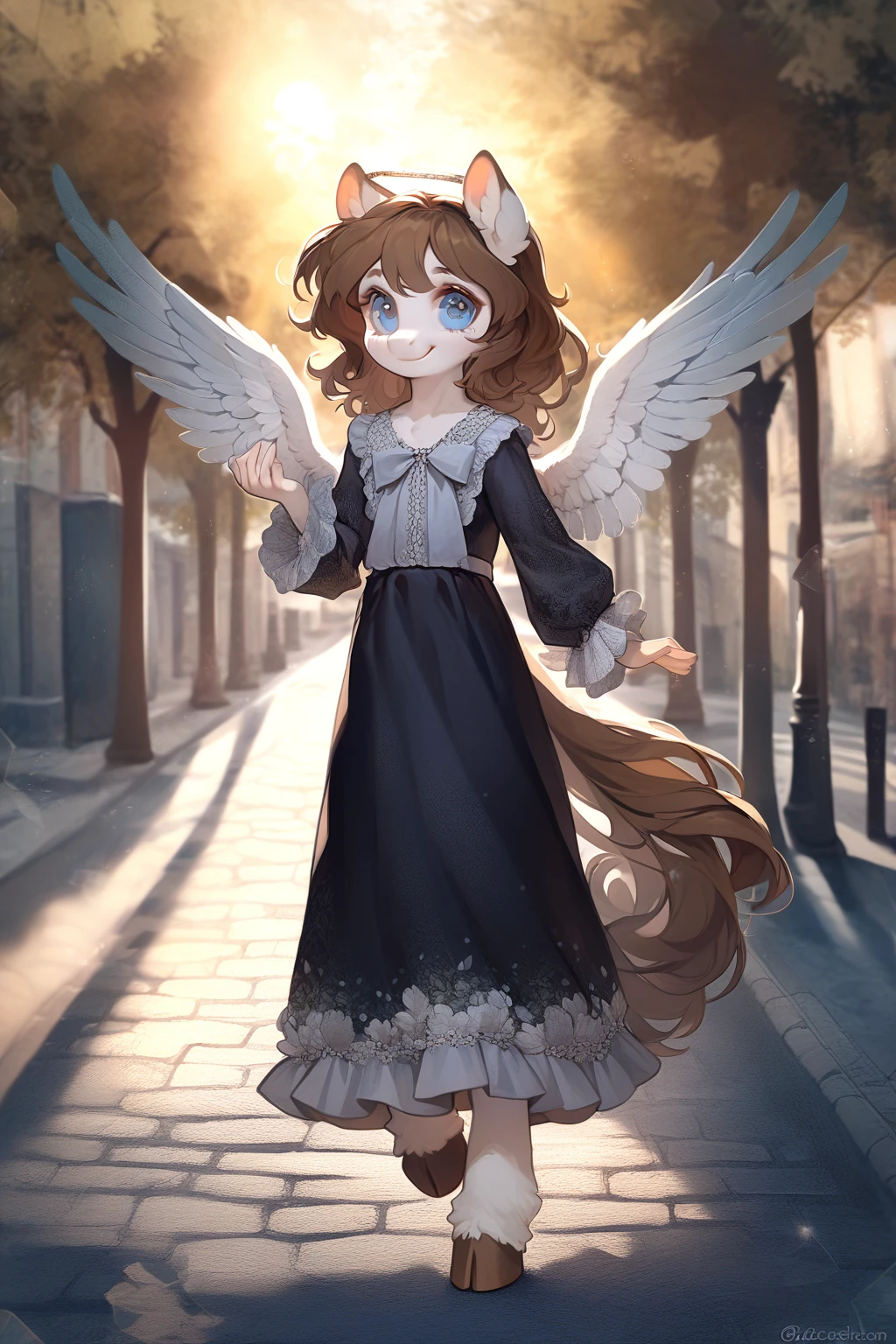1 girl, CuteStyle, upper body, angel wings, furry, pony furry, blue eyes, hooves instead of hands, white fur, brown mane, long mane, Dressed in a black dress, looks at the viewer, smile, on the street, trees, rays of the sun, detailed, beautiful, delicate tones