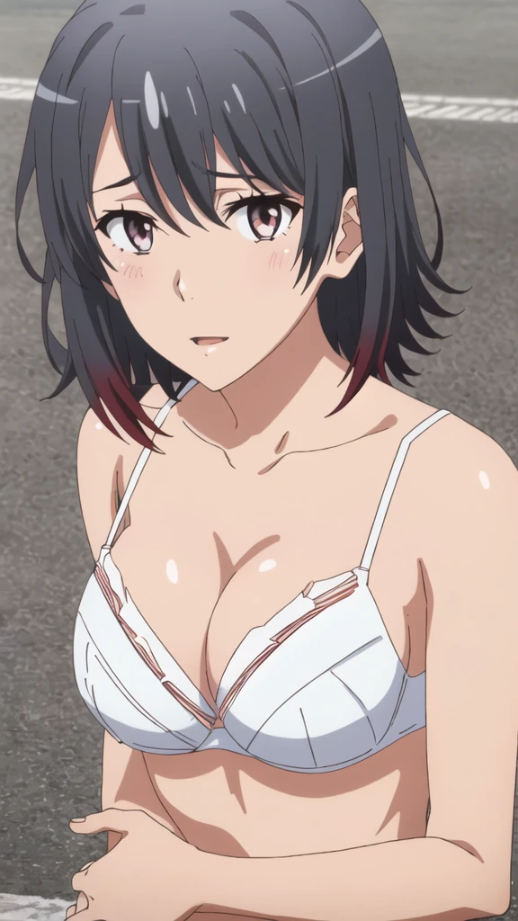 {Yukinoshita_Haruno_yahariorenoseishunlovecomewamachigatteiru:1.15},black hair, pink_eyes, , 1 girl,,alone, hair between eyes,(torn clothes,White , white :1.5),,  shoulders,, ,thighhighs,short hair, ((:1.5)) , beautiful light, half eye closed, close up face,　　　　　　　　　　　　　　　　　　　　　　　　　　　　　　　　　　　　　　　　　　　　　　　　　　　　　　　　　　beautiful upper body, Beautiful body, beautiful character design, perfect eyes, Perfect face, expressive eyes, looking at the viewer,(lie on road),in the center of the image, official art,High Definition CG Unity, Perfect lit, bright_front_face_lit, ,(Highest_quality:1.0),4K,Super detailed, photograph, 8K, nffsw, High resolution, absurdes:1.2, kodak portrait 400, film grain, Lens flare, (lively_Farbe:1.2) (beautiful,:1.4), (beautiful_face:1.3),(narrow_waist),blush, ((detail )),, 