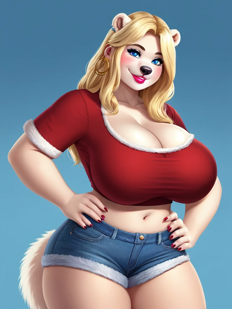 Blonde polar bear woman, wearing a Christmas crop top and jean shorts, perfect face, blue eyes, big breasts, cleavage, three-quarter view, solo, smile, perfect detailed body, pink lipstick, gold earring, hand on hips, blushing