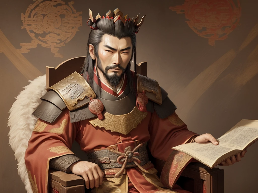 a rough texture and visible brush strokes, A cunning and strategic portrait of Cao Cao, a warlord from the Three Kingdoms era. He wears a royal robe with dragon patterns, a crown, and has a sharp, intelligent look. He is seated on a throne, holding a fan, surrounded by maps and scrolls.