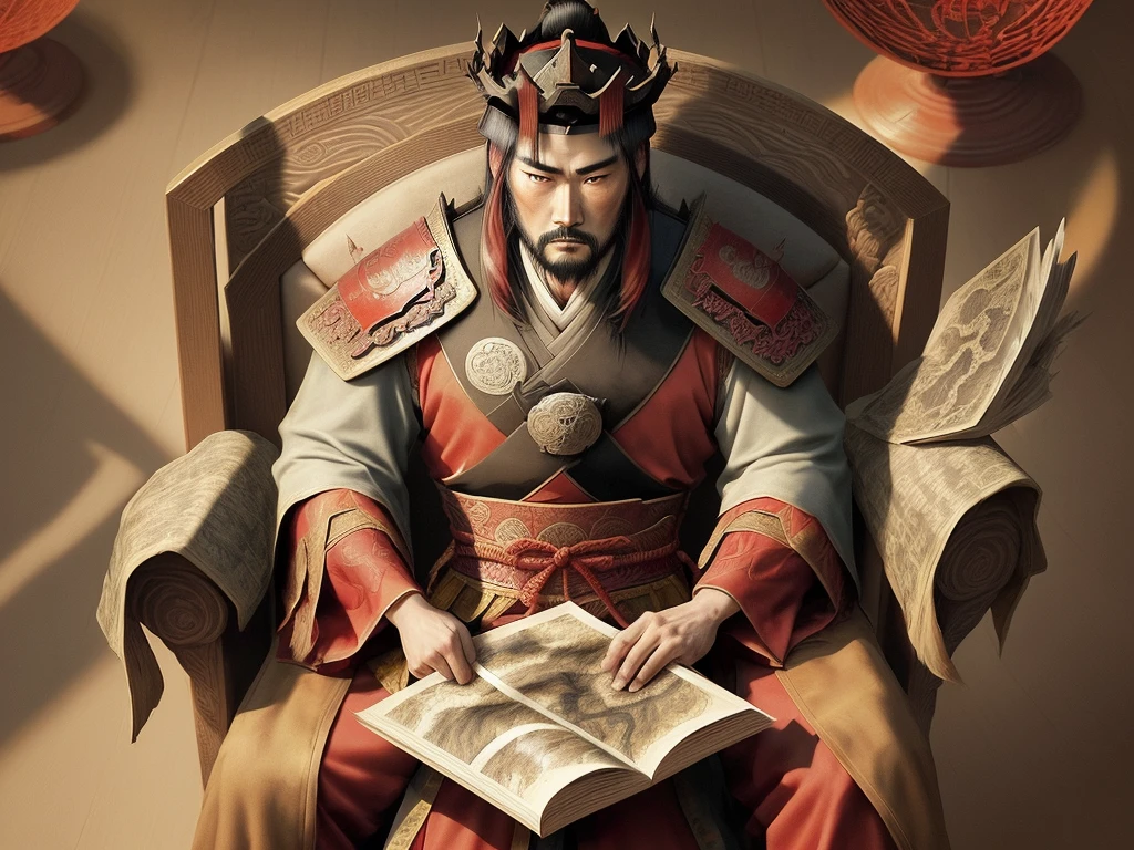 a rough texture and visible brush strokes, A cunning and strategic portrait of Cao Cao, a warlord from the Three Kingdoms era. He wears a royal robe with dragon patterns, a crown, and has a sharp, intelligent look. He is seated on a throne, holding a fan, surrounded by maps and scrolls.