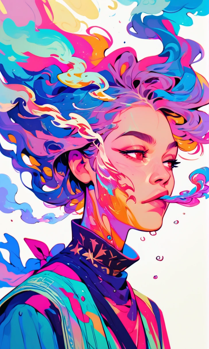 score_9, score_8_up, score_7_up, score_6_up, score_5_up, score_4_up, did vaporwave style, solo, 1girl, female, water, white background, red eyes, simple background, from side, glitching, smoke, in tatters, book cover art, detailed