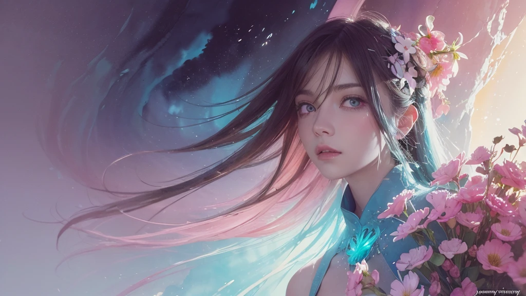 32k, Masterpiece, Highest quality, One girl, Detailed eyes, flower,Sandersonia, Pink and brown style,A dreamy, romantic piece,Pale pink, Mysterious Leaves,A playful arrangement,Fantasy,High Contrast,Ink strokes,explosion,Exposure, Impression of pink and brown tones,Abstract,((Watercolours by John Berkey and Jeremy Mann )) Brush strokes,Negative Space, Tyndall effect,