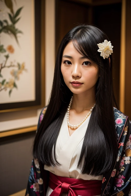 Generate an image of a very beautiful young 27 year old Japanese woman, art curator. She has fair skin, average height (1.68m), athletic body and long, straight, black hair, with black eyes. Big eyes. She wears modern clothes that refer to traditionalism and Japanese breech. She wears accessories like a Kanzashi in her hair, a pearl necklace. She is a mix of traditionalism and contemporary, meticulous and attentive to detail, reflecting her appreciation for aesthetics and art. Her skills include art curation, attention to detail, and clear, persuasive communication. She is a calm, reliable presence in the group, valued for her attention to detail and ability to appreciate beauty. Outside of work, Julia dedicates her time to exploring Tokyo's historic neighborhoods and practicing ikebana, a Japanese art form that involves arranging flowers. The image should portray you as an elegant and sophisticated figure, perhaps in an art gallery, appreciating a work or organizing an exhibition, reflecting your passion for art and your ability to notice details.