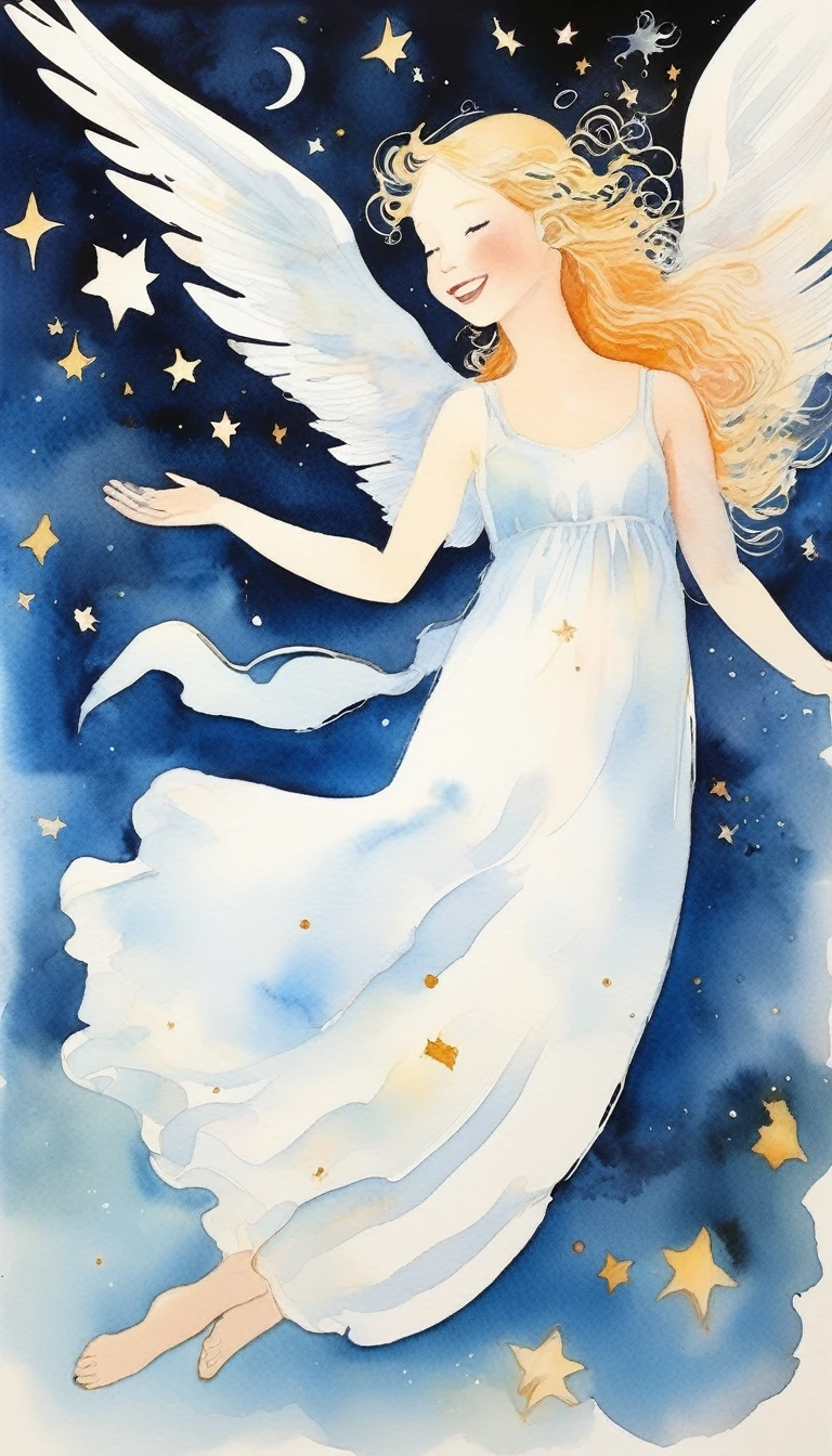 Watercolor,(Upper Body)Angel laughing, Magical fairy tale,, Deep space sky, style (Junko Kitano)