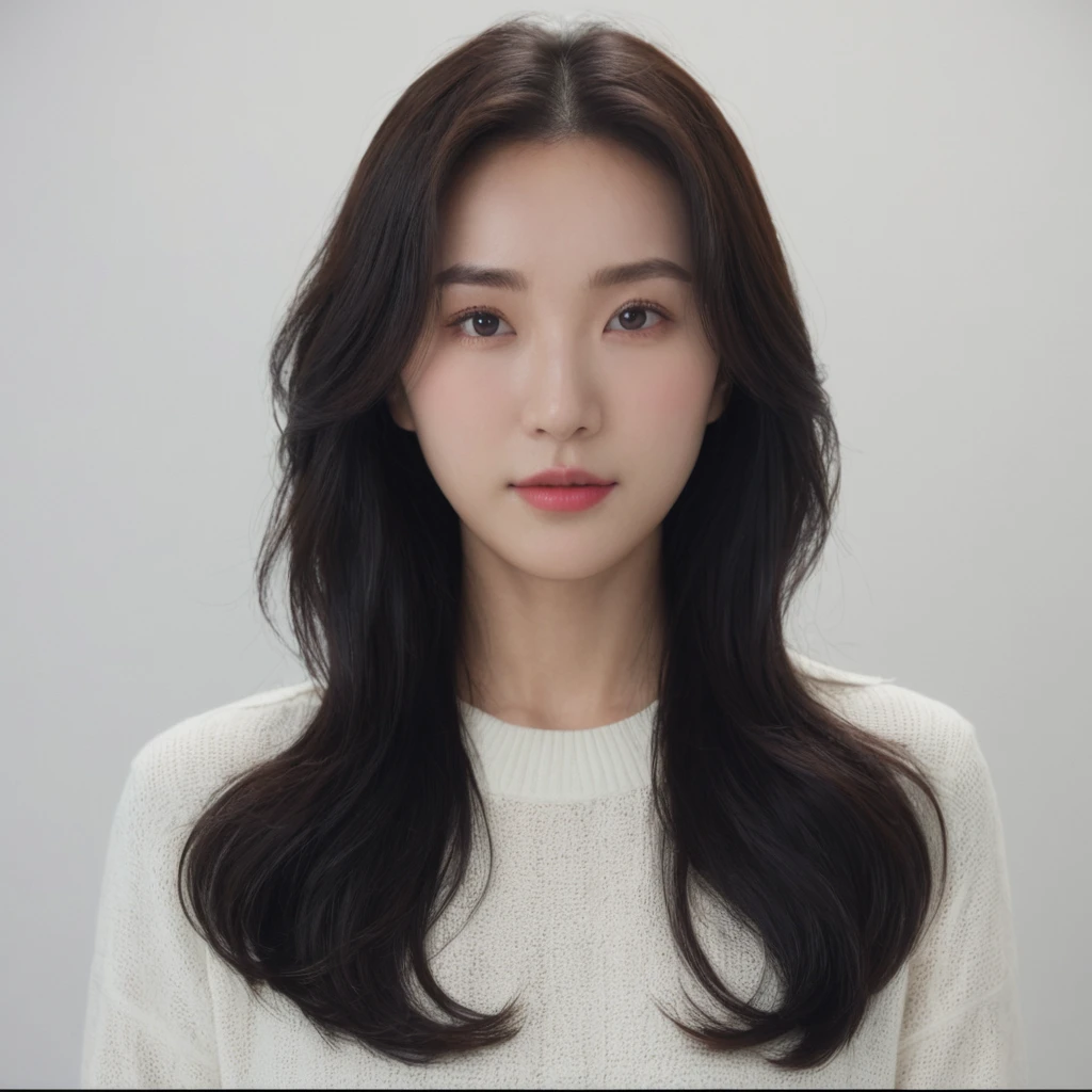 Best Quality, 8k, Masterpiece, (Portrait: 1.3), (photo realistic:1.4), (hyper realistic:1.4), Sharp Focus, looking at viewer, (smoother lighting:1.1), (increase cinematic lighting quality:0.9), realistic lighting, backlighting, light on face, ray trace, (brightening light:1.2), (Increase quality:1.4), sharp detail, (best quality real texture skin:1.4), finely detailed eyes, black_eyes, finely detailed face, 25 year old Korean woman, (white formal_shirt:1.4), (Create an image maintaining the original base model hairstyle:1.5)