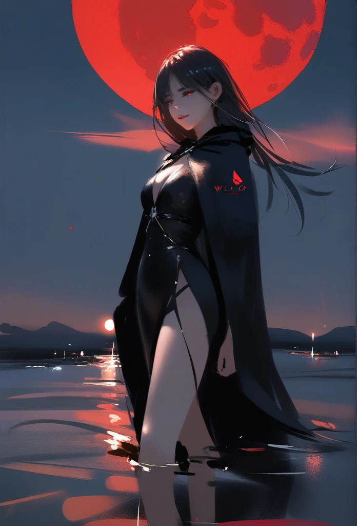 1girl, solo, wlop,
Black hair, gradient eyes, black cloak, seductive smile, 
Walking on water, red moon, night sky
masterpiece, best quality,