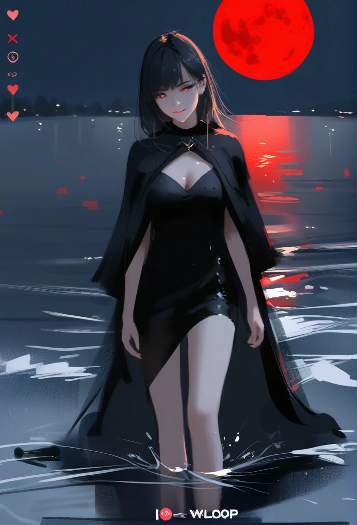 1girl, solo, wlop,
Black hair, gradient eyes, black cloak, seductive smile,
Walking on water, red moon, night sky
masterpiece, best quality,