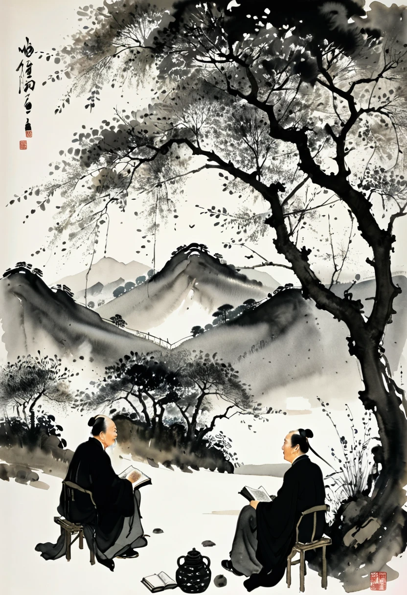 black and white tones, ink painting, Chinese ink style, Wu Guanzhong ink painting,, modern style, ink, ink, watercolor style, stained, black and white art, Wu Guanzhong style, Wu Guanzhong art, minimalism, 8K, ultra-fine, super realistic, Masterpiece, masterpiece, best quality,
Black and white picture, ink painting, Chinese style, poetic, landscape painting, ink painting, deep in the mountains,
An elderly and kind-hearted elder was sitting in front of a big tree, holding a book in his hand and explaining the Book of Songs to the students. There were five students, and they all had rich expressions. During the conversation and discussion with the elder, the elder and the students took the Magical glowing fairy flowers sitting in front of elders with books
