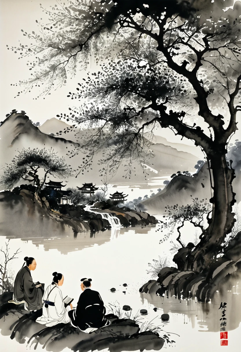 black and white tones, ink painting, Chinese ink style, Wu Guanzhong ink painting,, modern style, ink, ink, watercolor style, stained, black and white art, Wu Guanzhong style, Wu Guanzhong art, minimalism, 8K, ultra-fine, super realistic, Masterpiece, masterpiece, best quality,
Black and white picture, ink painting, Chinese style, poetic, landscape painting, ink painting, deep in the mountains,
An elderly and kind-hearted elder was sitting in front of a big tree, holding a book in his hand and explaining the Book of Songs to the students. There were five students, and they all had rich expressions. During the conversation and discussion with the elder, the elder and the students took the Magical glowing fairy flowers sitting in front of elders with books