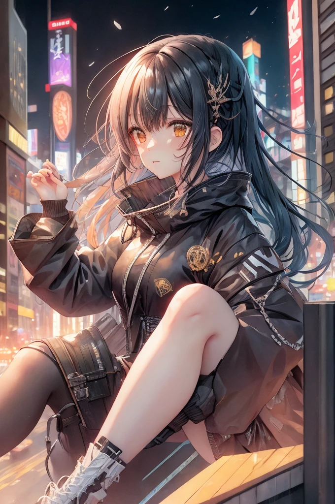(Very detailed scenery)Anime girl sitting on top of a building in the night city、Looking down from the top of a building、Soaring above the densely packed city、Best Anime 4K Konachan Wallpaper、Digital Cyberpunk Anime Art、anime art wallpaper 4k、anime art wallpaper 4k、anime art wallpaper 8k、anime wallpaper 4k、anime wallpaper 4k、Digital Cyberpunk - Anime Art、4k anime wallpaper