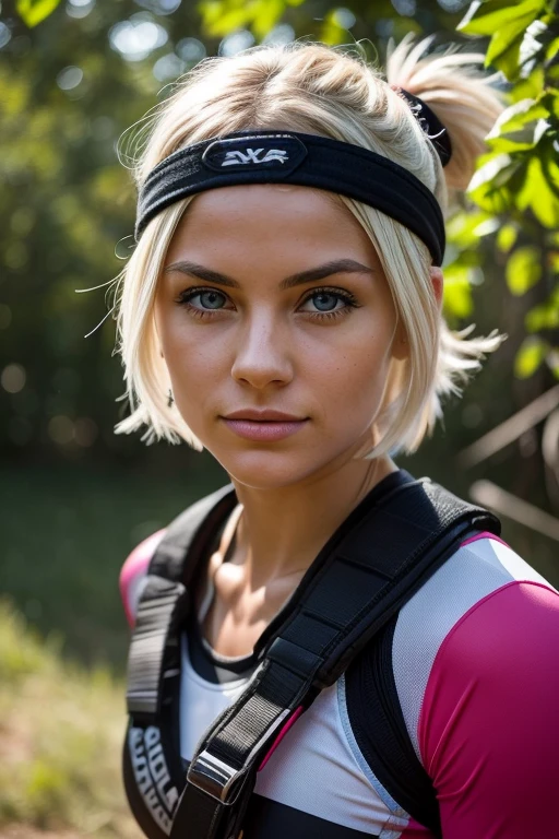 Generate an image of a very beautiful young 23 year old Norwegian woman, extreme sports photographer. She has fair skin, short height (1.60m), athletic body, short platinum blonde hair, brown eyes. Big Eyes. Her personality is extroverted, impulsive and always looking for excitement, being the adventurer of the group. Her skills include action photography, infiltration and reconnaissance, and physical dexterity in extreme sports. She carries a high-resolution camera, a colorful cap and fabric and rubber bracelets. She is energetic and positive, although her impulsiveness causes tension at times. In her personal life, she prefers not to get involved in serious relationships, maintaining close contact with her family. The image should portray her reflecting contagious energy and determination.
