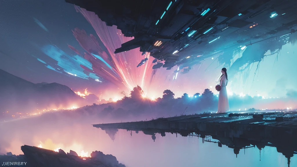 32k, Masterpiece, Highest quality, One girl, Detailed eyes, flower,Alstroemeria, Pink and light blue style,A dreamy, romantic piece,Pale yellow, Mysterious Leaves,A playful arrangement,Fantasy,High Contrast,Ink strokes,explosion,Exposure, Impression of pink and light blue tones,Abstract,((Watercolours by John Berkey and Jeremy Mann )) Brush strokes,Negative Space, Tyndall effect,