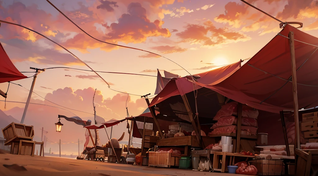 traditional market, market tents, butchery, (they sell human flesh, meats, bones), wooden table, wooden boxes, wooden basket, string, sand ground, dawn sky, early morning, AnatomicTech,