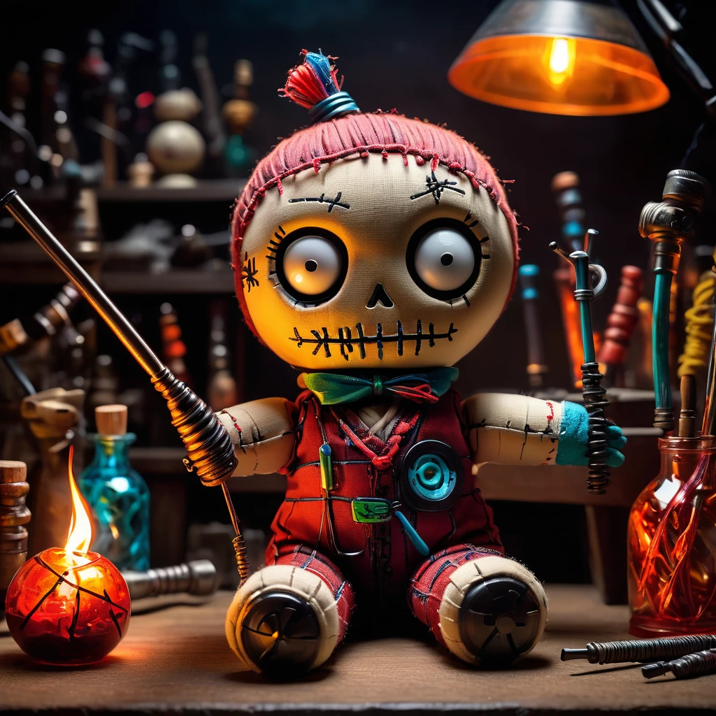 (knitted toy voodoo doll:1.8), (Voodoo Ghost Glassblower:1.3), (Worn work uniform, protective glasses:1.0), (Glassblowing tube, glass figures with mysterious patterns:1.1) (in the background a dark workshop with shimmering glass products and dim light:1.3), best quality, masterpiece, detailed soft oil painting, detailed background, dramatic cinematic lighting, soft edge lighting, professional, dramatic lighting, hard edge lighting, ultra quality, 4k, masterpiece, best quality, 8k, ultra high definition, high resolution, extremely detailed
