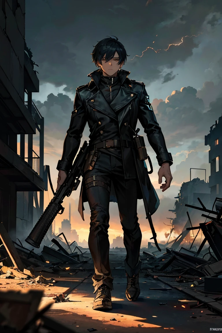 (((Submersion))), (((ruins))),((boy carrying a rifle)) Super high quality, 8K,Attractive man,Glitch Wave Style,Lolafont,Standing in an apocalyptic wilderness, Gunman, Bounty Hunter, Detailed face and jawline, Strong Eyes, Rugged appearance, Wearing a worn trench coat, He owns a vintage revolver, Surrounded by crumbling buildings and ruins, Dust and debris in the air, Stormy sky filled with dark clouds and lightning, Dramatic lighting casts shadows on his face, A sense of mystery and danger in the air, Added cyberpunk elements, Vibrant, saturated colors that enhance the futuristic feel, High-resolution detail capturing every wrinkle and texture of the man&#39;s clothing and environment, Create visually striking masterpieces.