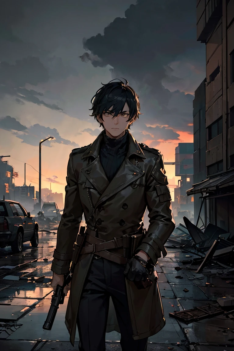 (((Submersion))), (((ruins))),((boy carrying a rifle)) Super high quality, 8K,Attractive man,Glitch Wave Style,Lolafont,Standing in an apocalyptic wilderness, Gunman, Bounty Hunter, Detailed face and jawline, Strong Eyes, Rugged appearance, Wearing a worn trench coat, He owns a vintage revolver, Surrounded by crumbling buildings and ruins, Dust and debris in the air, Stormy sky filled with dark clouds and lightning, Dramatic lighting casts shadows on his face, A sense of mystery and danger in the air, Added cyberpunk elements, Vibrant, saturated colors that enhance the futuristic feel, High-resolution detail capturing every wrinkle and texture of the man&#39;s clothing and environment, Create visually striking masterpieces.
