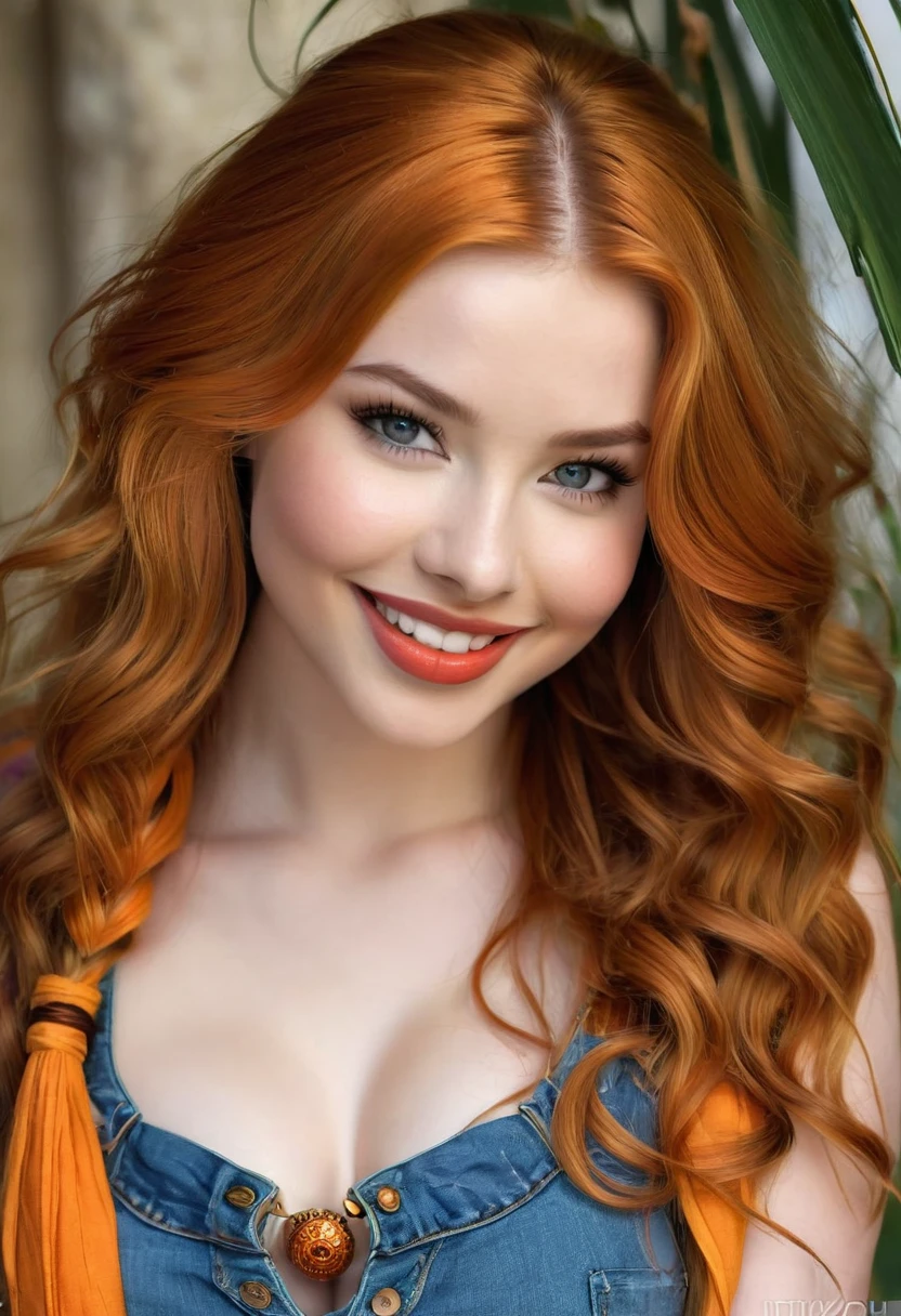extremely beautiful model, 20 years old female, skandinavian, long bright orange hair, realistic, perky breasts, cleavage, crop top, ripped jeans, Midriff, Wide Smile, Eyes Detailed & Wide, Dynamic Pose. Hoop earing, arm bangles, headband scarf, Ultra HD, Rococo-Inspired Fantasy Art With Intricate Details. Cute, red lips, long lashes,Charming Expression, Alluring-Gaze, looking at viewer, Beautiful Eyes, An-Ideal-Figure. Large Youthful Well-Shaped-Breasts, Attractive ass showcased. Massive-Round-Bosom, Décolletage. A spectacular mash up of Miranda Cosgrove, Anna Popplewell Molly Quinn and Scarlet Johanson .