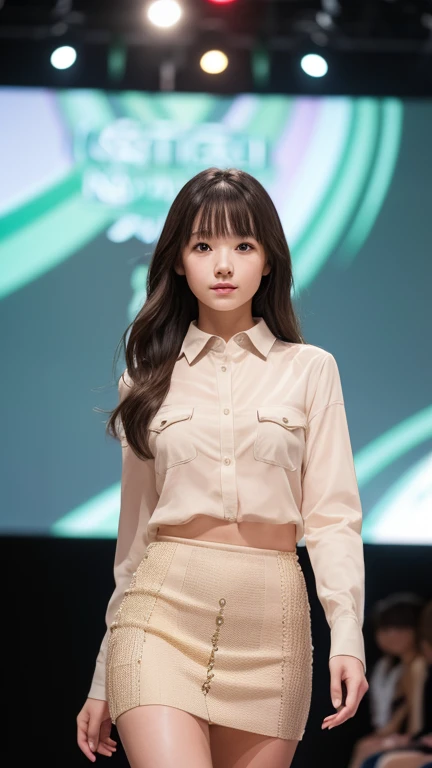 Girl walking down the runway at a fashion show, thigh, Naked looking shirt, (High resolution:1.3), (16K, Realistic, RAW Photos, Best image quality: 1.4), Japanese, (One Girl), Beautiful Face, (A vivid face), Beautiful hairstyle, Realistic eyes, Beautiful and detailed, (Realistic Skin), Beautiful skins, charm, 超High resolution, Surreal, High detail, Golden Ratio, Highly detailed cute girl,(20-year-old)