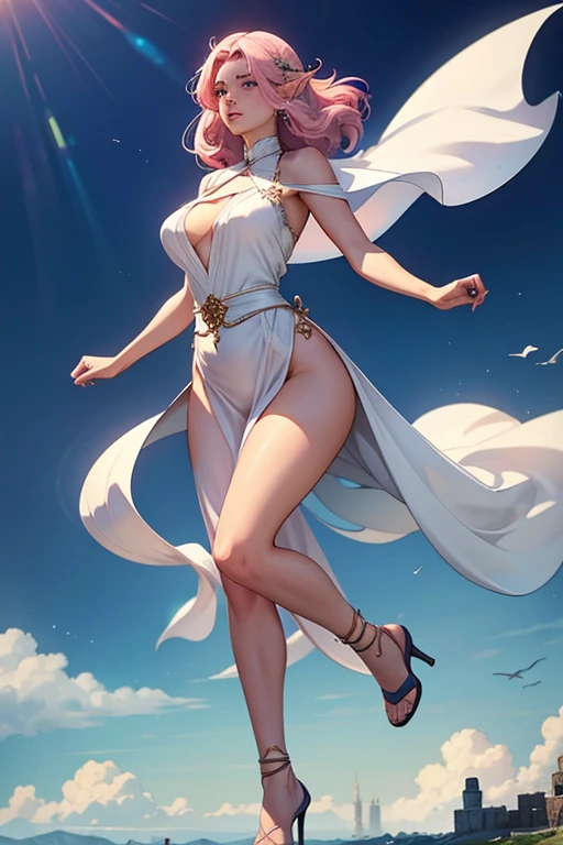 (work of art),(best qualityer:1.1),(ultra detali),Best illustration,fine-details,(portraite:1.1),(intense full body close-up),watercolor drawing)floating,1 elf girl, standing alone, 18 years old, voluptuous, (extremely delicate and beautiful face), (detailed pink eyes), thick, pink lips, (disheveled hair) female elf, Breasts huge, (wearing a short white tunic), soft and lazy, (simple background :1.2) full color background, full body in the air,search,falling from a tower,epic suspense scene, details in facial expressions and environment,, clearing, 4K SFW