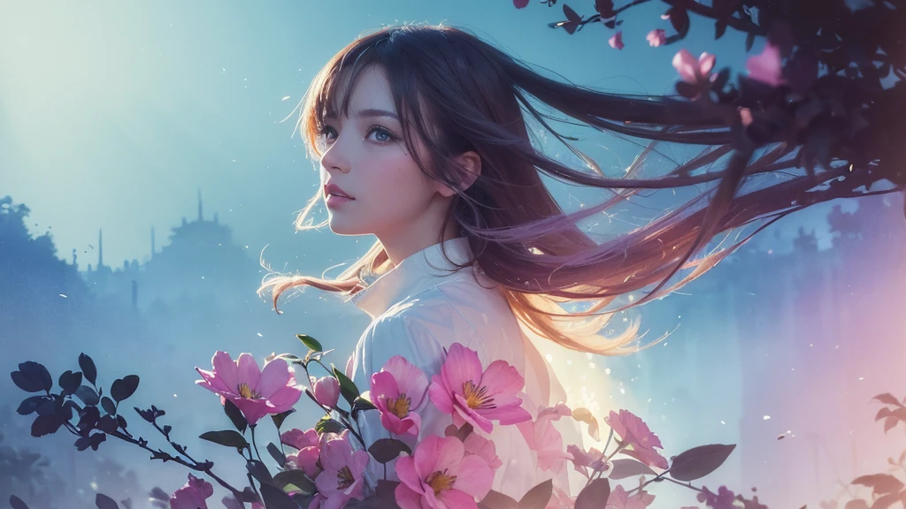 32k, Masterpiece, Highest quality, One girl, Detailed eyes, flower,Alstroemeria, Pink and light blue style,A dreamy, romantic piece,Pale yellow, Mysterious Leaves,A playful arrangement,Fantasy,High Contrast,Ink strokes,explosion,Exposure, Impression of pink and light blue tones,Abstract,((Watercolours by John Berkey and Jeremy Mann )) Brush strokes,Negative Space, Tyndall effect,