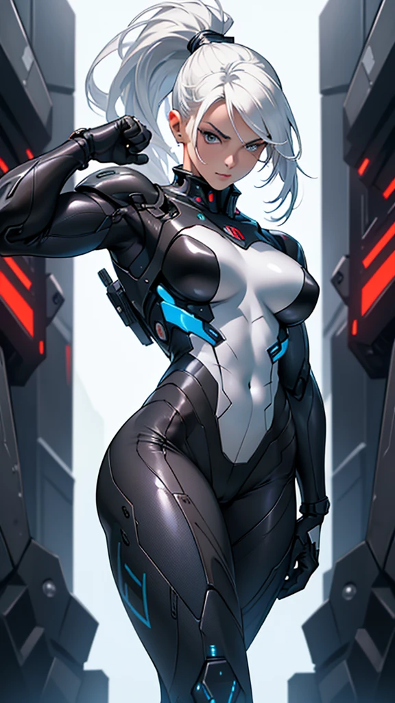 Beautiful cybernetic girl detailed muscles realistic masterpieces full figure pose (best quality,ultra-detailed), white hair in high ponytail, fair skin, fit body, slim figure, narrow waist, large buttocks, (cocky expression), wearing a full black carbon fiber cybernetic mobile battle suit, fighting pose