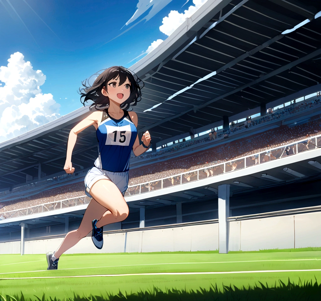 A black-haired Japanese female athlete is running on the wide track of the stadium,A tense race,The following runners also catch up,Midsummer Day,There are cumulonimbus clouds,A scene that radiates the tension and excitement of a high-level competition in the world of athletics,Wearing a competition uniform and bib number,Capture a decisive moment from in front of the goal,White funiform and navy blue shorts,A large audience also watches,