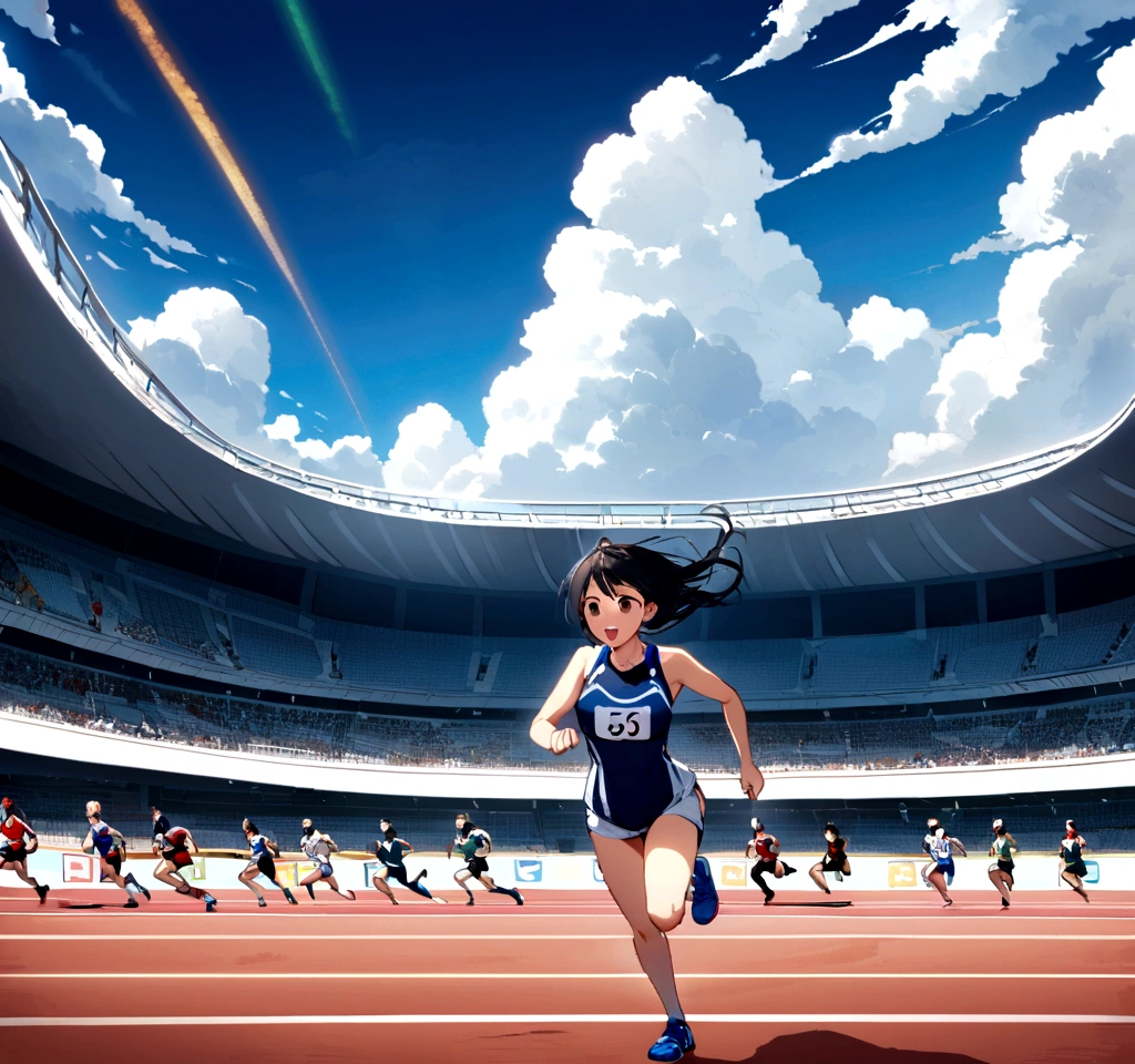 A black-haired Japanese female athlete is running on the wide track of the stadium,A tense race,The following runners also catch up,Midsummer Day,There are cumulonimbus clouds,A scene that radiates the tension and excitement of a high-level competition in the world of athletics,Wearing a competition uniform and bib number,Capture a decisive moment from in front of the goal,White funiform and navy blue shorts,A large audience also watches,