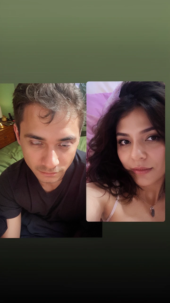 a selfie in bed lying like a bride and groom, preserving their original faces, modify the background and create a single image 