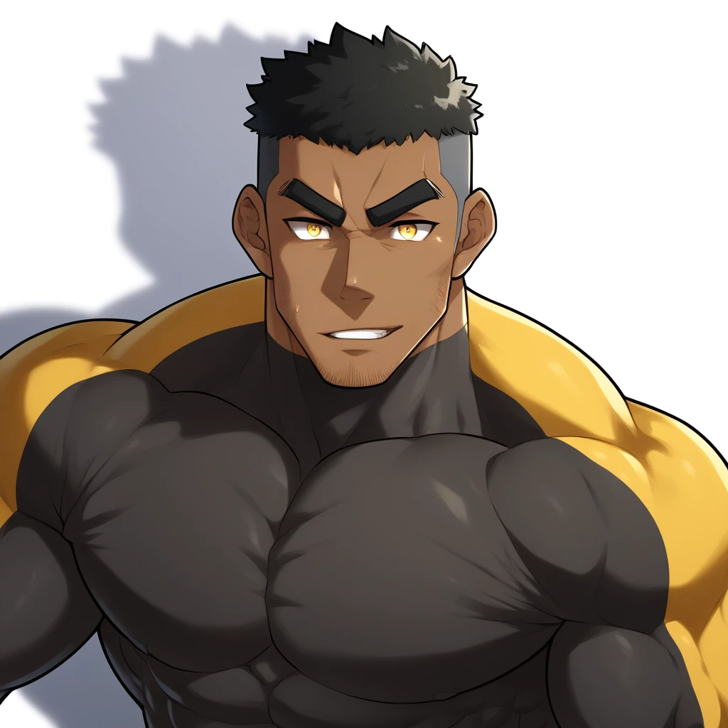 negro, negro, negro, anime characters：Gyee, Muscle Sports Student, negro black skin, 1 muscular tough guy, Manliness, male focus, Dark grey and Yellow long sleeve tights, Very tight, The pectoral muscles are oversized, Slightly transparent, muscular male, muscular, only, Upper body, alone, Black short hair, Thick eyebrows, stubble, Yellow eyes, White background, simple background, amazing quality, best aesthetics, Ridiculous, bright pupils, crew cut, parted lips, seductive smile, torogao, naughty face, drop shadow, best quality