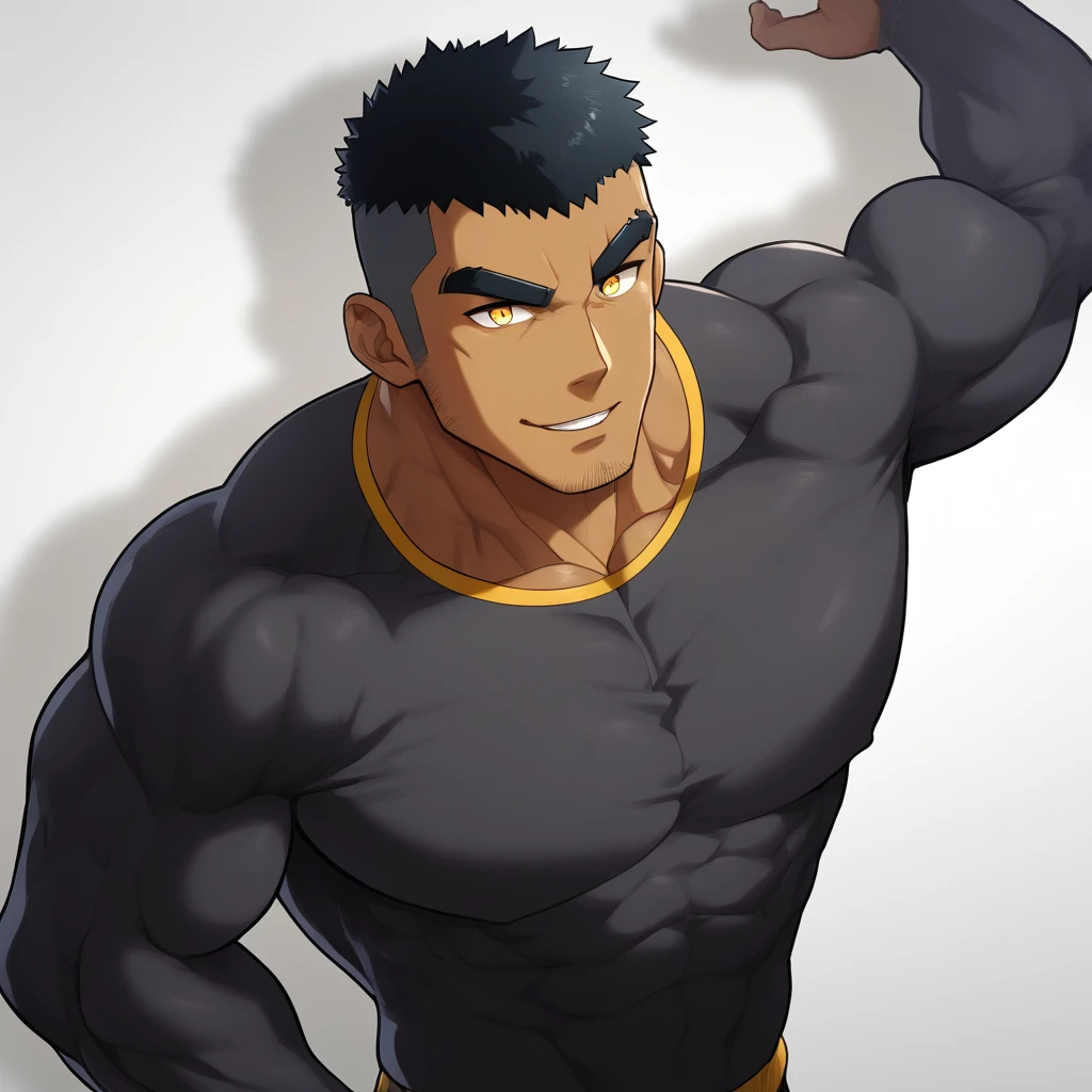 , , , anime characters：Gyee, Muscle Sports Student,  black skin, 1 muscular tough guy, Manliness, male focus, Dark grey and Yellow long sleeve tights, Very tight, The pectoral muscles are oversized, Slightly , muscular male, muscular, only, Upper body, alone, Black short hair, Thick eyebrows, stubble, Yellow eyes, White background, simple background, amazing quality, best aesthetics, Ridiculous, bright pupils, crew cut, parted lips,  smile, torogao, naughty face, drop shadow, best quality