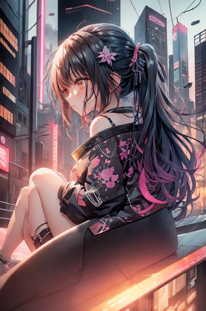 (Very detailed scenery)neon、Anime girl sitting on top of a building in the night city、Looking down from the top of a building、Soaring above the densely packed city、Best Anime 4K Konachan Wallpaper、Digital Cyberpunk Anime Art、anime art wallpaper 4k、anime art wallpaper 4k、anime art wallpaper 8k、anime wallpaper 4k、anime wallpaper 4k、Digital Cyberpunk - Anime Art、4k anime wallpaper