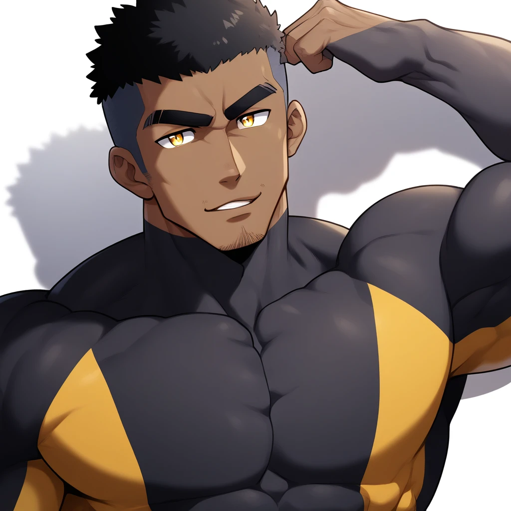 negro, negro, negro, anime characters：Gyee, Muscle Sports Student, negro black skin, 1 muscular tough guy, Manliness, male focus, Dark grey and Yellow long sleeve tights, Very tight, The pectoral muscles are oversized, Slightly transparent, muscular male, muscular, only, Upper body, alone, Black short hair, Thick eyebrows, stubble, Yellow eyes, White background, simple background, amazing quality, best aesthetics, Ridiculous, bright pupils, crew cut, parted lips, seductive smile, torogao, naughty face, drop shadow, best quality