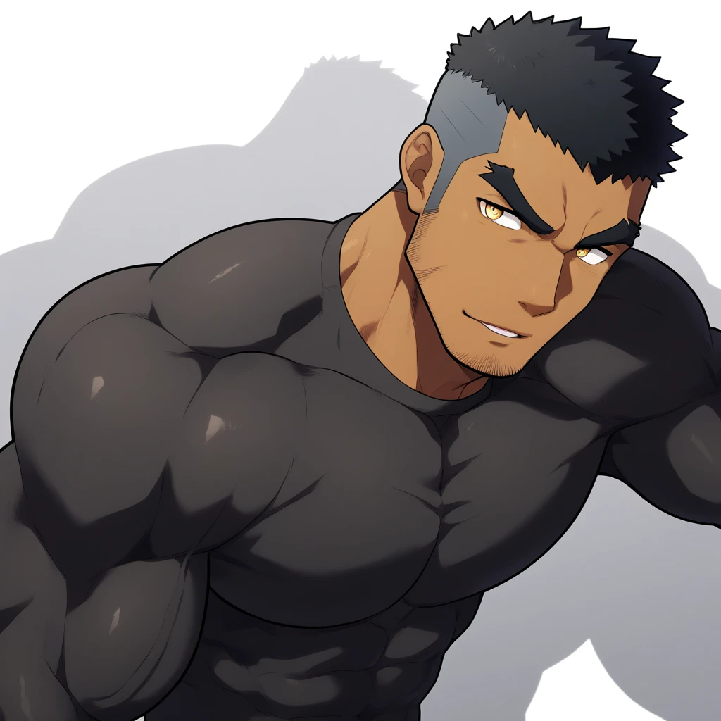 negro, negro, negro, anime characters:Gyee, Muscle Sports Student, negro black skin, 1 muscular tough guy, Manliness, male focus, Dark grey and Yellow long sleeve tights, Very tight, The pectoral muscles are oversized, Slightly transparent, muscular male, muscular, only, Upper body, alone, Black short hair, Thick eyebrows, stubble, Yellow eyes, White background, simple background, amazing quality, best aesthetics, Ridiculous, bright pupils, crew cut, parted lips, seductive smile, torogao, naughty face, drop shadow, best quality