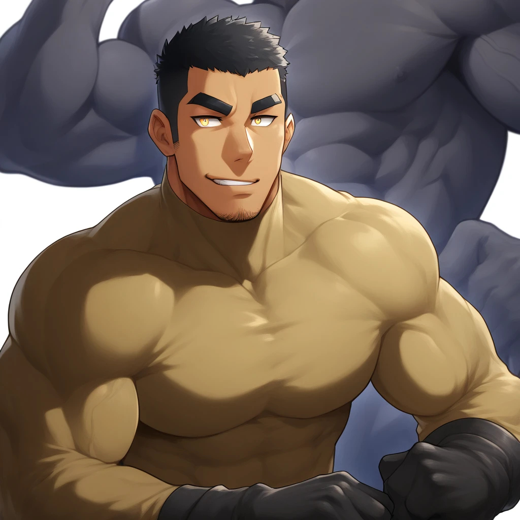 negro, negro, negro, anime characters：Gyee, Muscle Sports Student, negro black skin, 1 muscular tough guy, Manliness, male focus, Dark grey and Yellow long sleeve tights, Very tight, The pectoral muscles are oversized, Slightly transparent, muscular male, muscular, only, Upper body, alone, Black short hair, Thick eyebrows, stubble, Yellow eyes, White background, simple background, amazing quality, best aesthetics, Ridiculous, bright pupils, crew cut, parted lips, seductive smile, torogao, naughty face, drop shadow, best quality