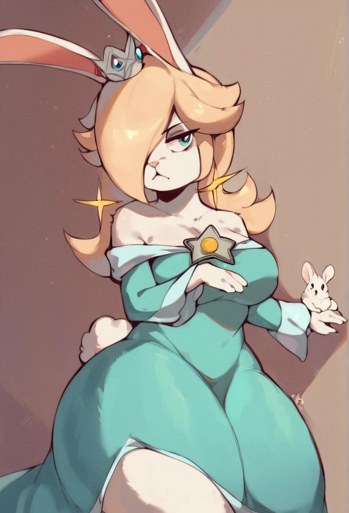 score_9, score_8_up, score_7_up, score_6_up, score_5_up, score_4_up, rating_safe, ((anthro, source_furry,furry,fur,Princess Rosalina, ((Rabbit,)) ((White fur)), ((white body,))solo, blue dress, unamused expression,thick thighs,cel shading,big breasts,leaning against wall,))++