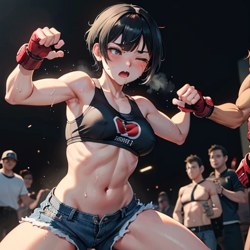 Two men and women fighting in a street fight。A female street fighter is crying after being beaten。Covered in bruises。Bloody。shortness of breath。Drooling。Frightened expression。Running out of energy。Sweaty。Short black hair。Open Finger Gloves。Her clothes are ripped and her  is .。Denim shorts。 。One eye closed。Leaning back。A man's fist hits a woman's face。