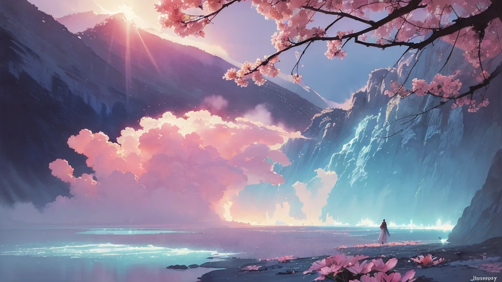 32k, Masterpiece, Highest quality, One girl, Detailed eyes, flower,Alstroemeria, Pink and light blue style,A dreamy, romantic piece,Pale yellow, Mysterious Leaves,A playful arrangement,Fantasy,High Contrast,Ink strokes,explosion,Exposure, Impression of pink and light blue tones,Abstract,((Watercolours by John Berkey and Jeremy Mann )) Brush strokes,Negative Space, Tyndall effect,