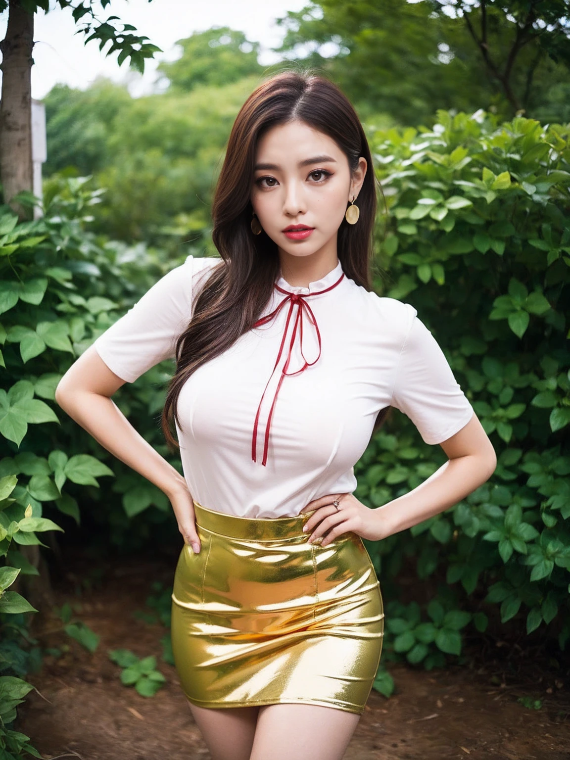 Beautiful woman、A face with glamorous eyeshadow and makeup、Nice body、Big Tits、Earrings、Are standing、Ribbon in hair、Short sleeve blouse、Vinyl micro mini skirt、garden、(Shiny skin:1.3)、From the thigh up、