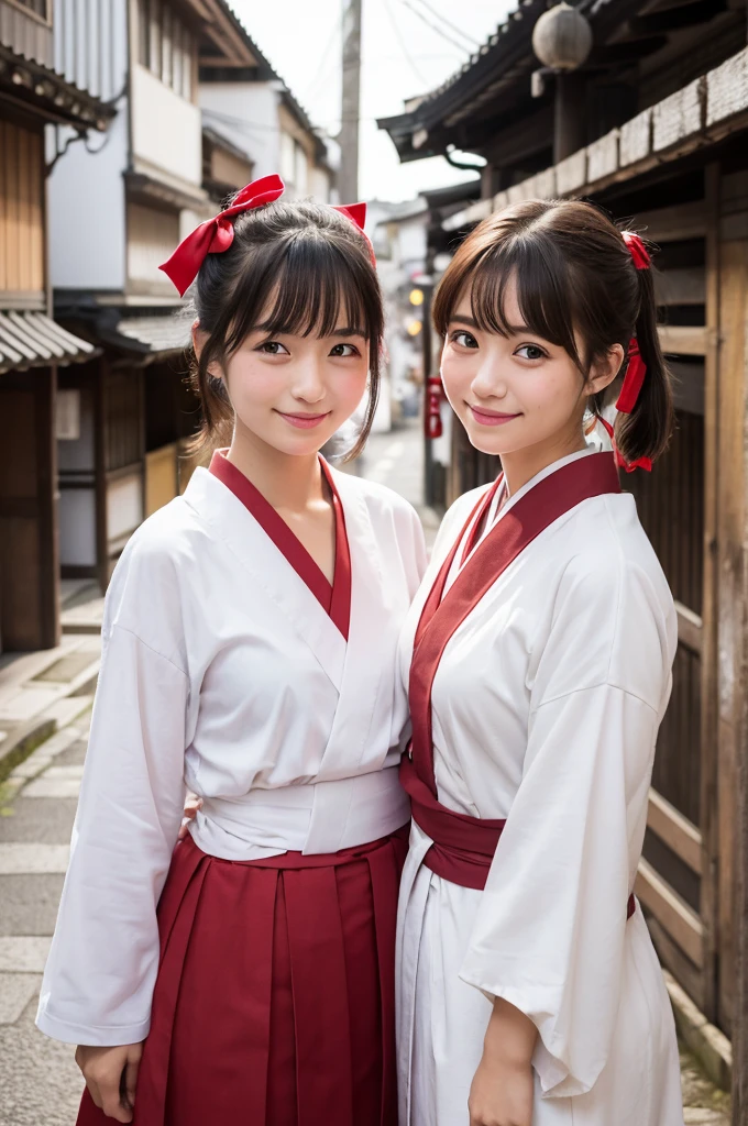 2 girls standing in old-Japanese street,white hakama top,red hakama bottom,18-year-old,bangs,a little smile,short hair and low pigtails with red ribbon bow,from before,front light