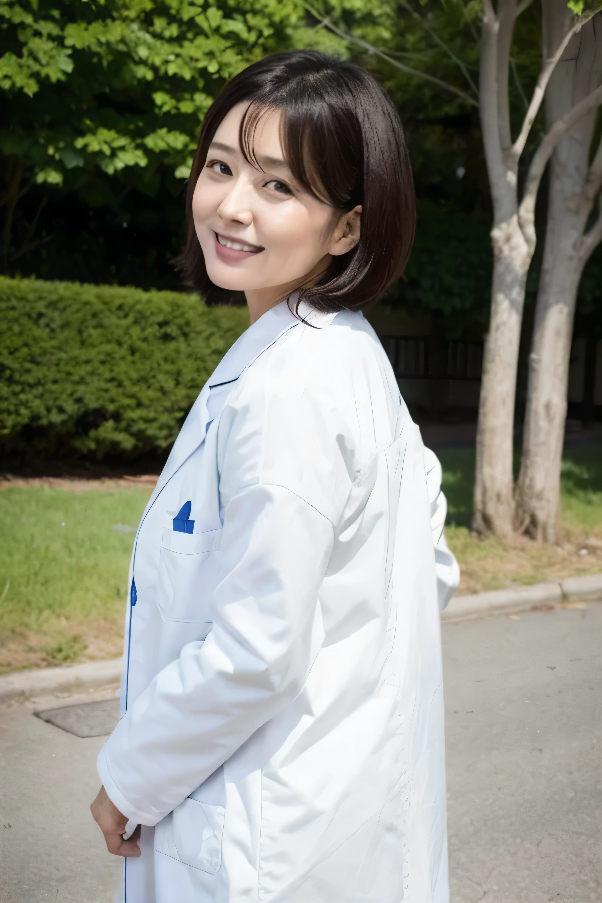 Japanese Beauty 44 years old head nurse White Lab Coat Upper Body The background is the hospital ward ((Back view))