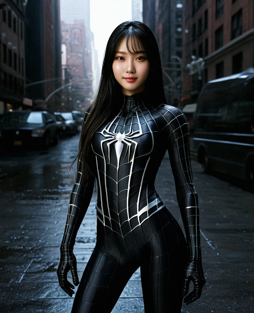 score_9, score_8_superior, score_7_superior, Highest quality, Realistic, masterpiece, Beautiful details, hyperRealistic, (One girl, Female body, smile), Big Breasts, amazing detailed whole body portrait of a beautiful ulzzang girl, wearing a Realistic and Very detailed black raimi spider-man suit, ((Huge muscular girl)), Professional model wears super-detailed black Raimi Spider-Man suit, Highly detailed and grainy black Raimi Spider-Man suit, whole bodyと手を覆うスーツ, black spiderman gloves, Wet, (Spider-Man pose), (whole body), (Dirty Skin), close superior, Octane Rendering, Very detailed, Volumetric, Dramatic lighting, (Highest quality:1.1), (High resolution:1.3), (Highest quality, Highest quality), Realistic, High resolution,
