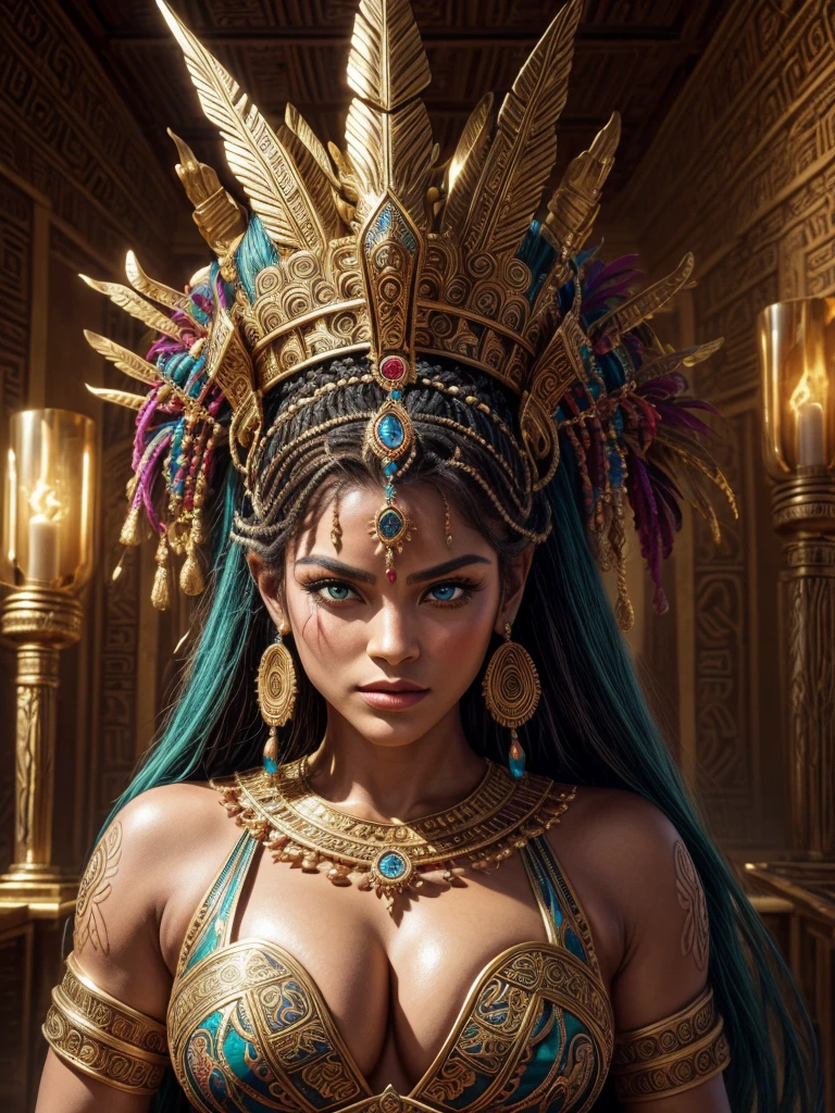 (best quality,4k,8k,highres,masterpiece:1.2),Upper body shot,detailed and vibrant,Aztec culture,ancient civilization,portraits,dark and mysterious,richly colored paintings,HDR,ultra-fine details,fierce warrior,sophisticated architecture,elaborate headdresses,exotic animals,ritualistic ceremonies,bronze sculptures,breathtaking landscapes,traditional textiles,ancient ruins,mythical gods,feathered serpent deity,mesmerizing jewelry,pyramids,sculpted hieroglyphics,sacred temples,dramatic lighting,artistically carved stone,powerful symbols,royal emperors,sacred rituals,colorful murals,extravagant costumes,cultural heritage,mystical ambiance,proud heritage,legendary tales,sacrifice,abundance of gold and precious stones,spiritual beliefs,vibrant celebrations,mesoamerican civilization,alluring art forms,detailed stone carvings,divine inspiration,lush tropical vegetation,ceremonial dances,luxurious royal palaces,enigmatic artifacts,historical legacy-bold and confident brushstrokes,majestic and grandiose,awe-inspiring architecture.