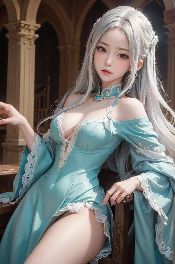 ((masterpiece:1.5,Highest quality,Highly detailed images,Beautiful images、Realistic、Photorealistic、2.5D))(1girl, 独奏)(??????????????, white hair, black eyes, Healthy legs、Tight ???、Beautiful cleavage)(Fantasy dresses、Fantasy Clothes、Battle Dress from Another World、Deep slit)(wind, floating hair)(Inside the castle、Audience Chamber）
