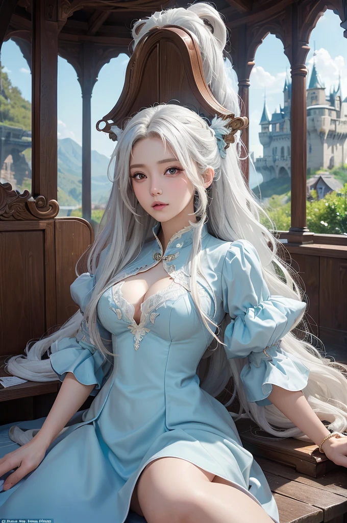 ((masterpiece:1.5,Highest quality,Highly detailed images,Beautiful images、Realistic、Photorealistic、2.5D))(1girl, 独奏)(medium breasts, white hair, black eyes, Healthy legs、Tight ass、Beautiful cleavage)(Fantasy dresses、Fantasy Clothes、Battle Dress from Another World、Deep slit)(wind, floating hair)(Inside the castle、Audience Chamber)