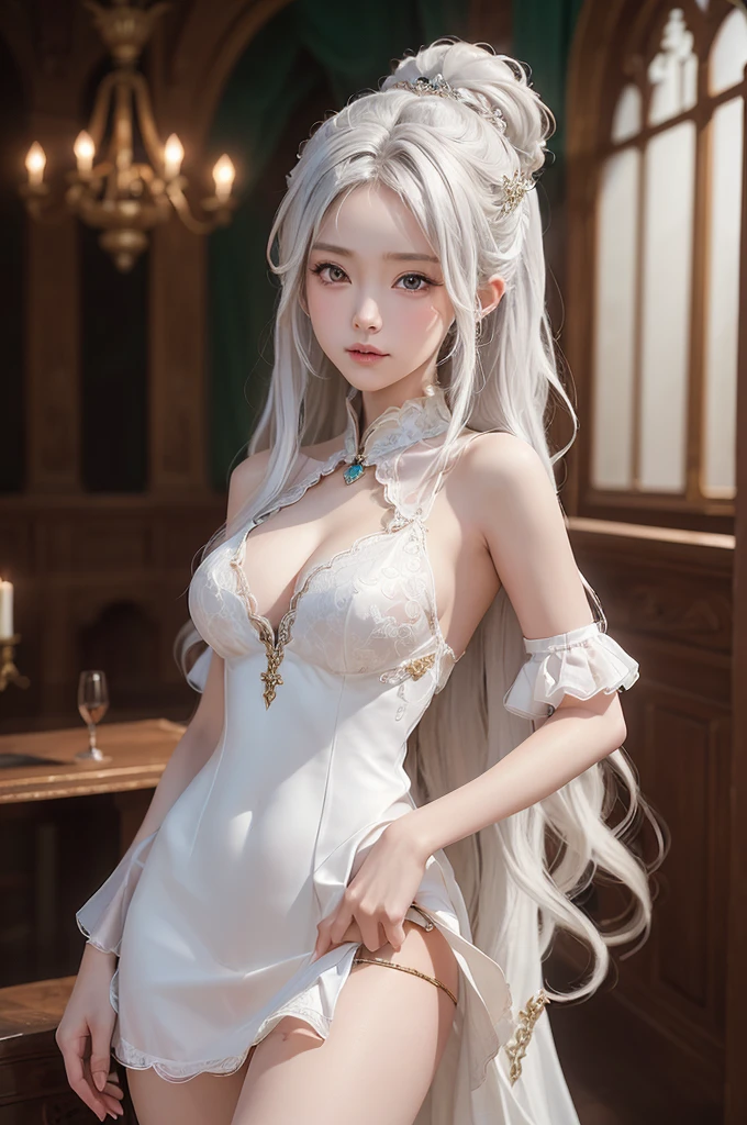 ((masterpiece:1.5,Highest quality,Highly detailed images,Beautiful images、Realistic、Photorealistic、2.5D))(1girl, 独奏)(medium breasts, white hair, black eyes, Healthy legs、Tight ass、Beautiful cleavage)(Fantasy dresses、Fantasy Clothes、Battle Dress from Another World、Deep slit)(wind, floating hair)(Inside the castle、Audience Chamber)