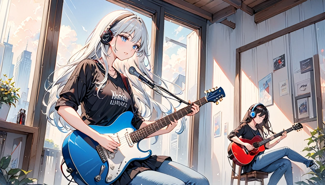 ((masterpiece、Highest quality)) One girl、alone、Black Skirt、Silver-white hair、blue eyes、エレキguitar、guitar、Headphones、lift、Thorn、musical instrument、long hair、music、From one side to the top、Red reflection black hair、playing the guitar、jeans、Black Shirt、Inside