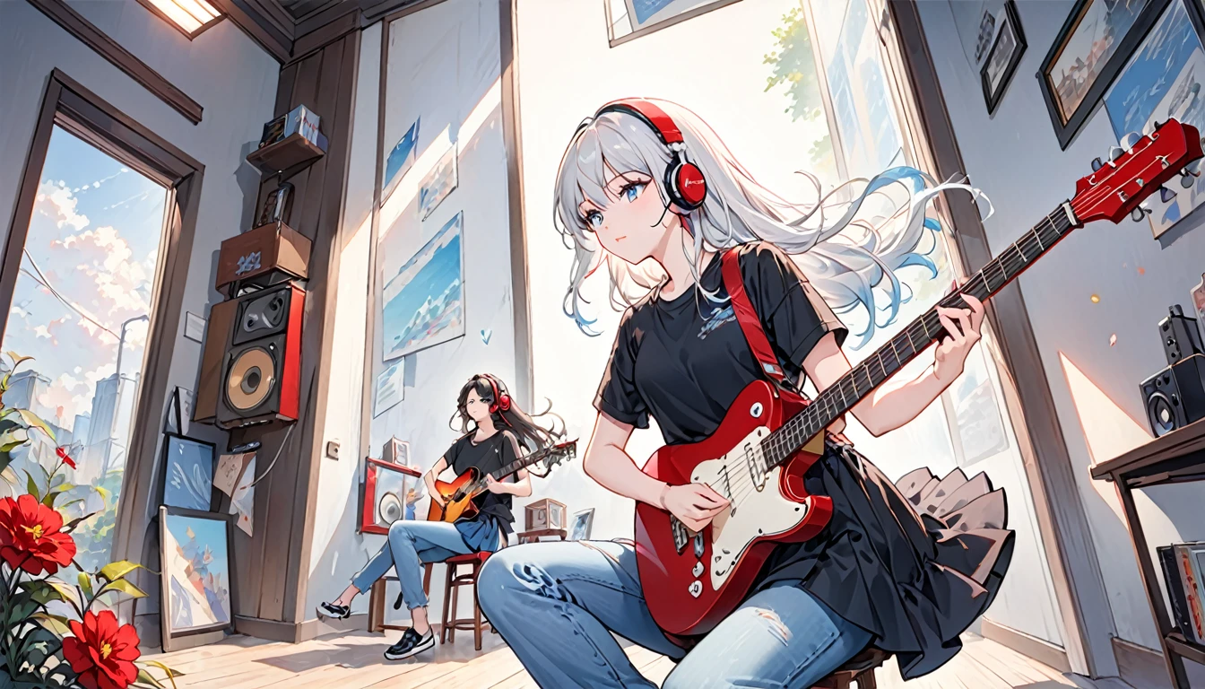 ((masterpiece、Highest quality)) One girl、alone、Black Skirt、Silver-white hair、blue eyes、エレキguitar、guitar、Headphones、lift、Thorn、musical instrument、long hair、music、From one side to the top、Red reflection black hair、playing the guitar、jeans、Black Shirt、Inside